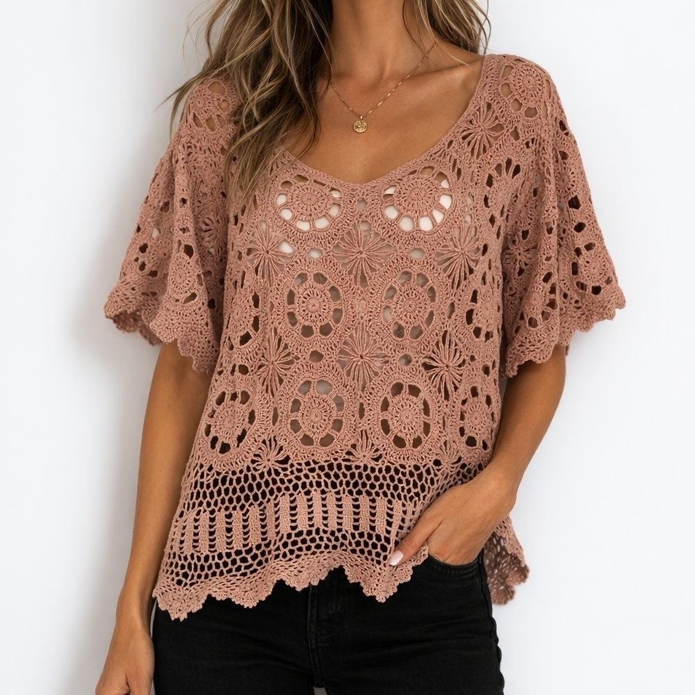 DENIM 24/7 Dusty Pink Open Crochet Boho Festival Top